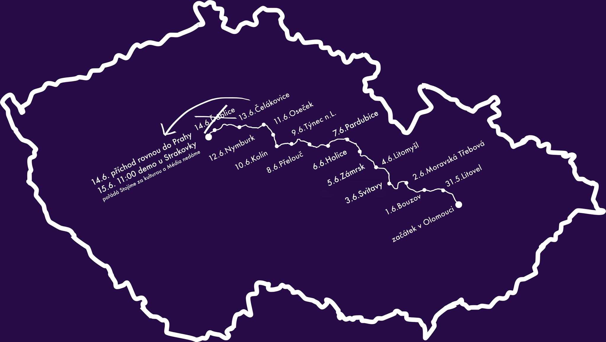 Mapa trasy pochodu od Olomouce do Prahy